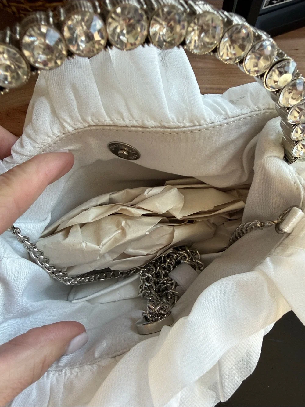 Sincerly Jules White Ruffle Clutch with Crystal Handle